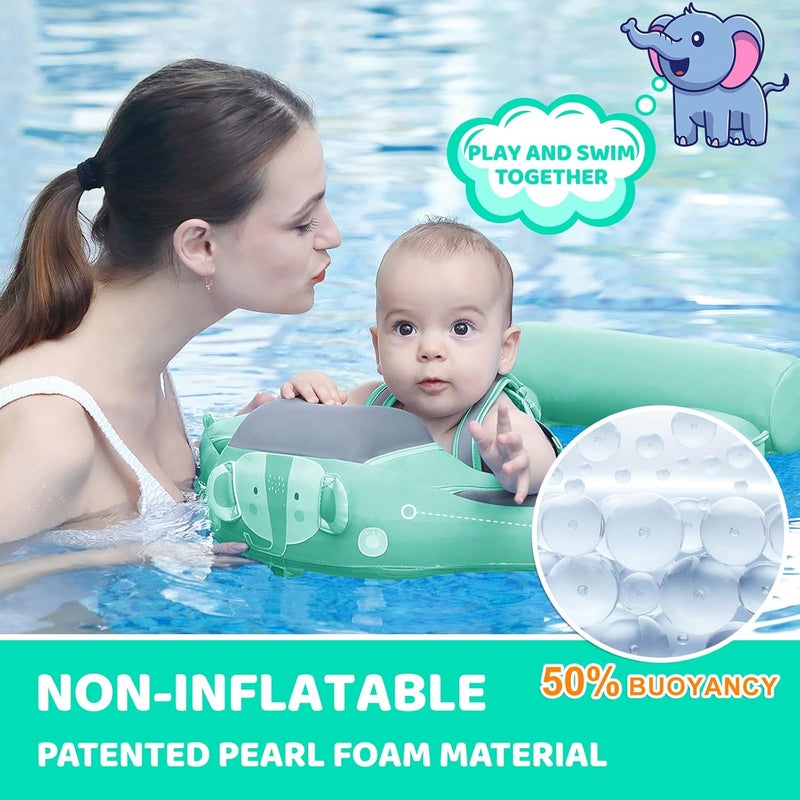 28°C Mambobaby Baby Swim Float with Canopy & Tail Infant Pool Float Non-Inflatable Toddler Swim Float with Skin-Friendly Material for 3-24 Months Baby Boys Grils Elephant Green - Image 2